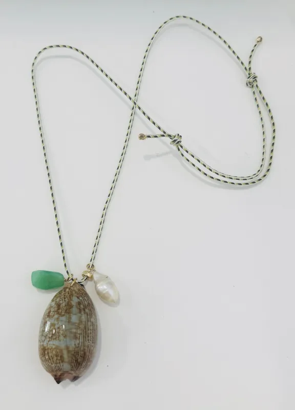 Kumihimo silk cord charm necklace, green herringbone with chrysoprase, pearl, and cowrie made by Theodosia
