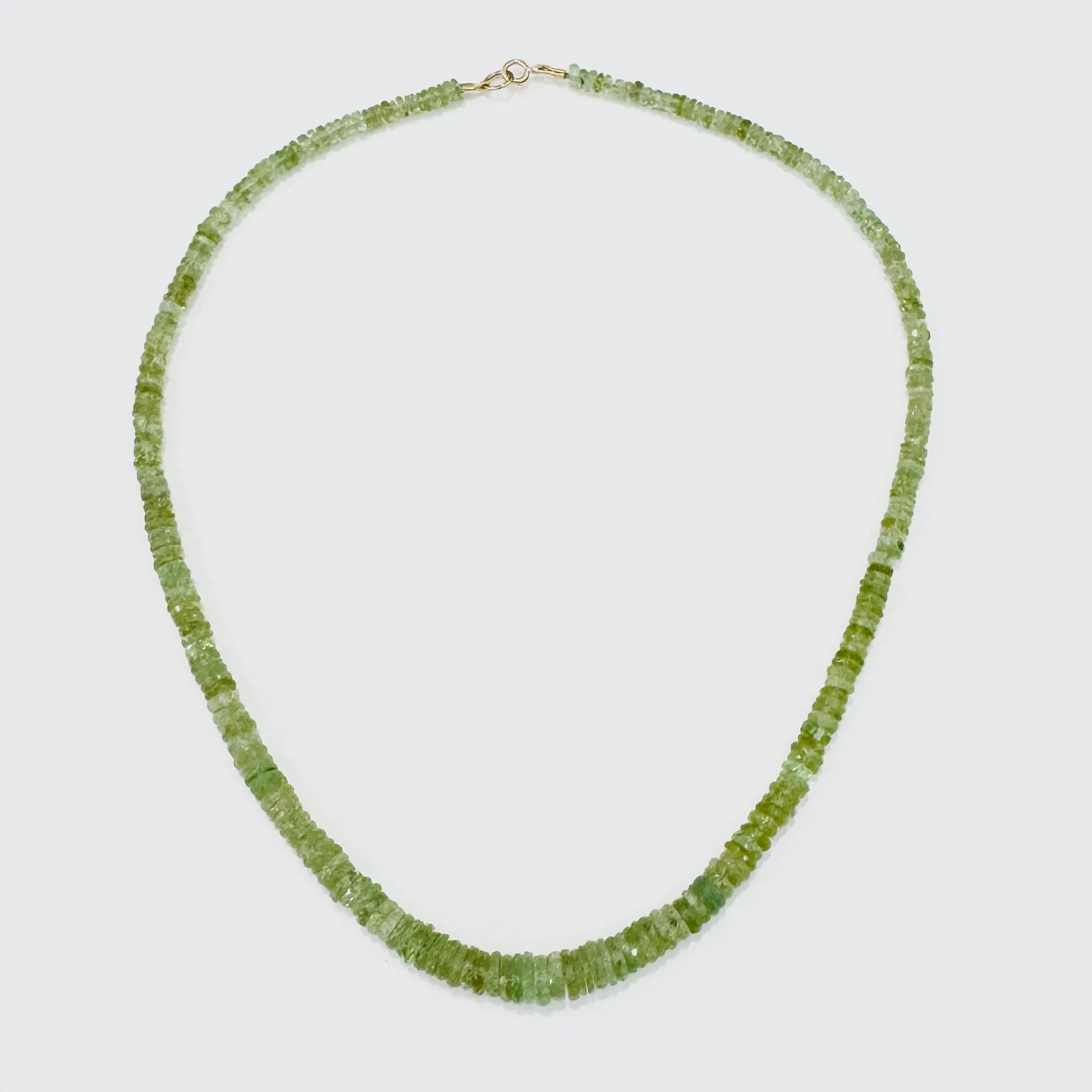 cucumber tourmaline heishi necklace, graduated sold by Theodosia