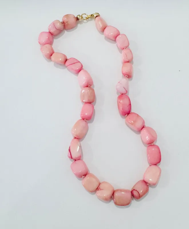 bubblegum pink opal nuggets knotted gumball necklace made by Theodosia
