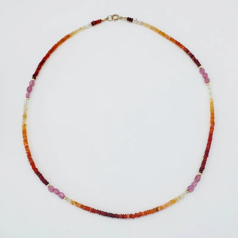 shaded fire opal necklace with pink sapphire and gold nuggets made by Theodosia