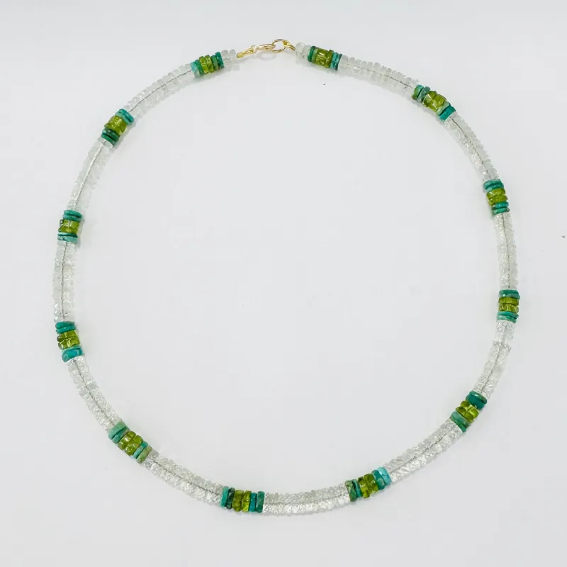 color blocked turquoise, peridot, and green amethyst heishi necklace made by Theodosia