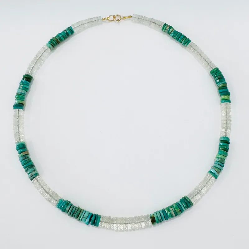 color blocked turquoise and green amethyst heishi necklace made by Theodosia