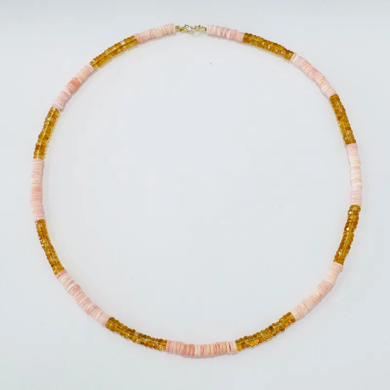 color blocked citrine and conch heishi necklace made by Theodosia