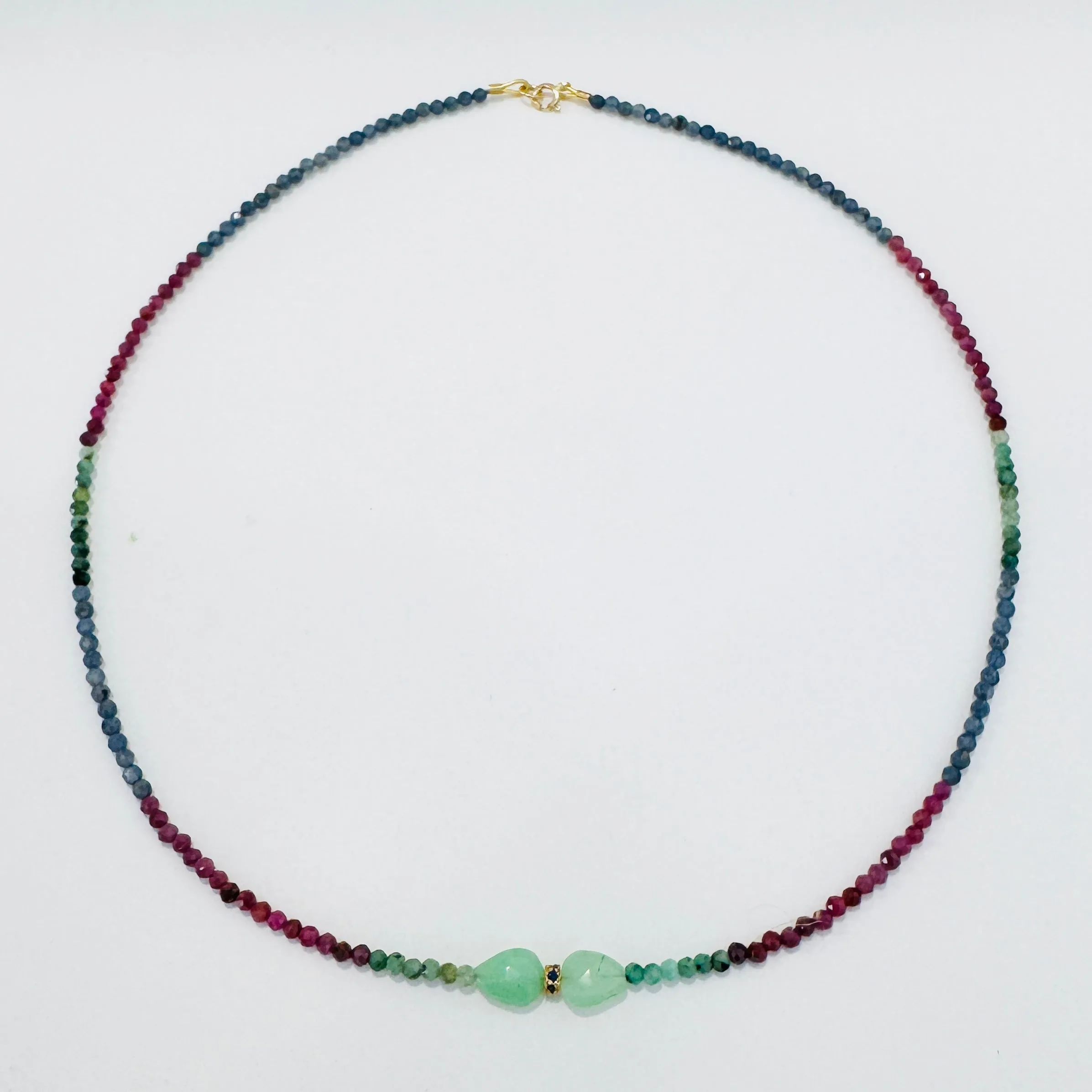 shaded sapphire necklace with gold bead and chrysoprase sold by Theodosia