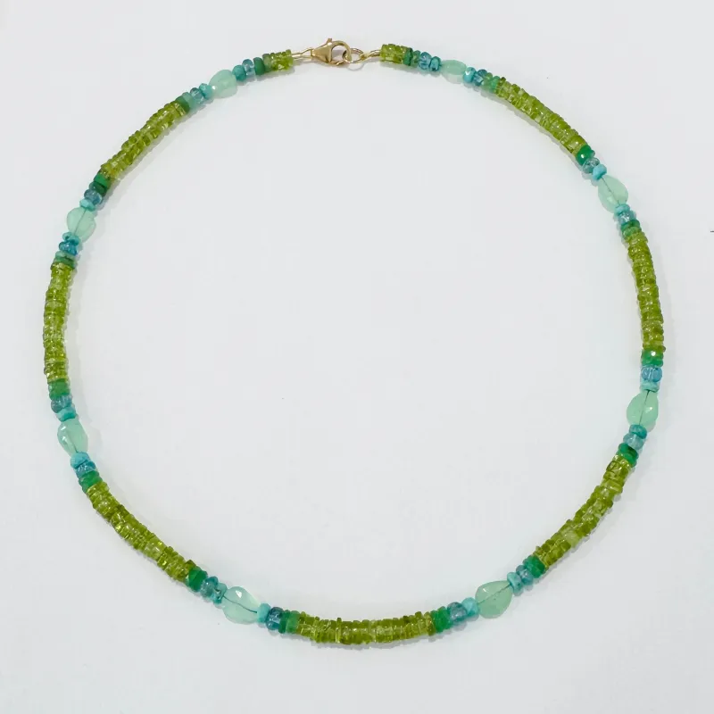 color blocked turquoise, peridot, and chrysoprase heishi necklace made by Theodosia