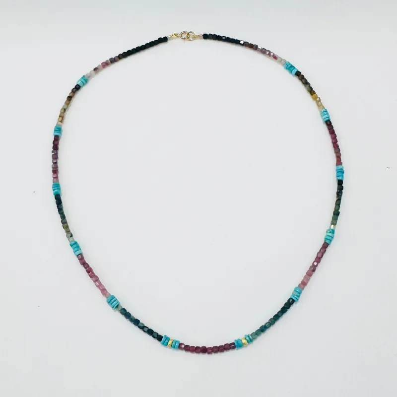 shaded tourmaline cube necklace with turquoise and gold beads made by Theodosia