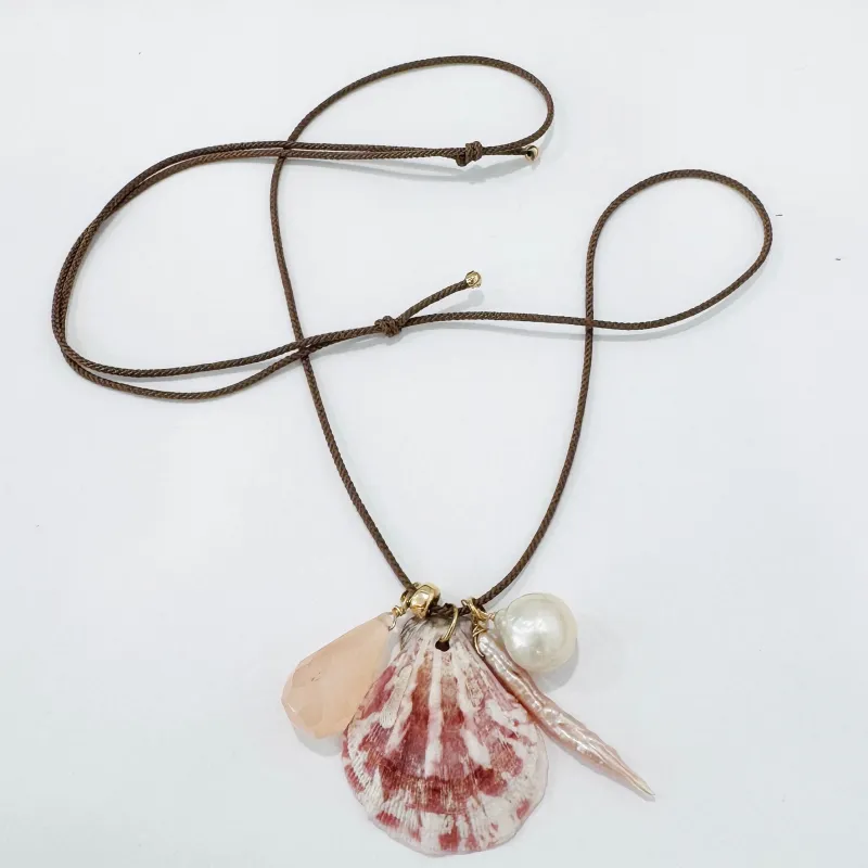 Kumihimo silk cord charm necklace, tan with peach chalcedony, pearl, and strawberry shell made by Theodosia