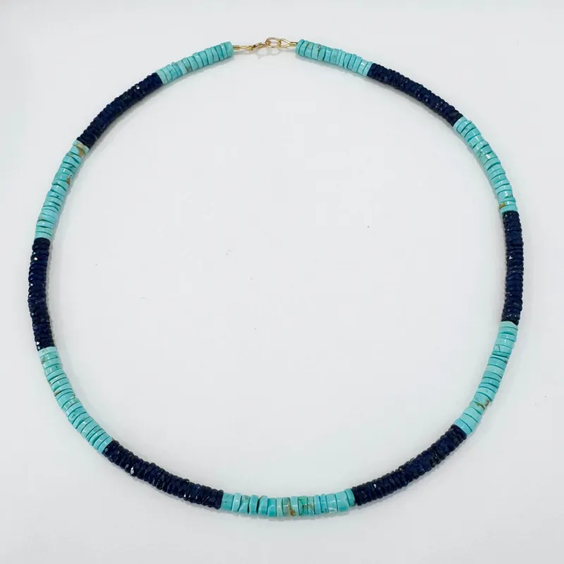 color blocked turquoise and lapis heishi necklace made by Theodosia