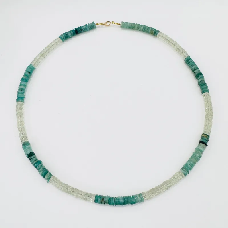 color blocked teal tourmaline and green amethyst heishi necklace made by Theodosia