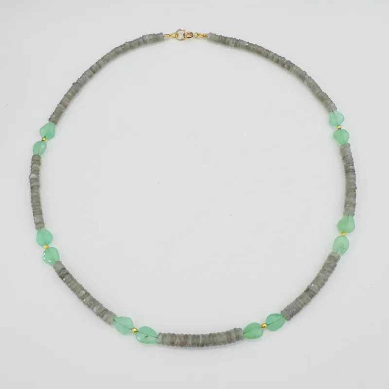 Grey moonstone heishi with chrysoprase and gold beads made by Theodosia