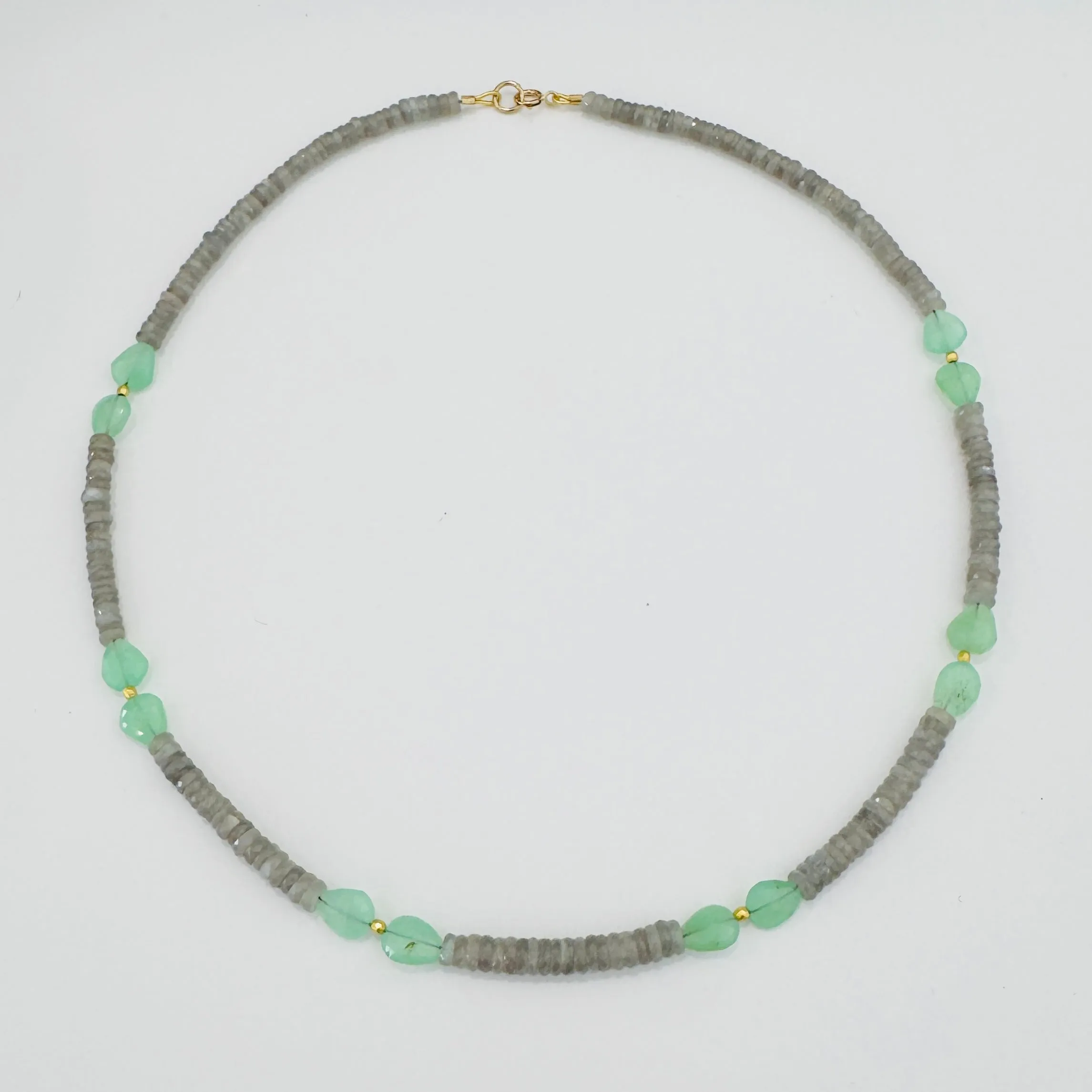 Grey moonstone heishi with chrysoprase and gold beads sold by Theodosia