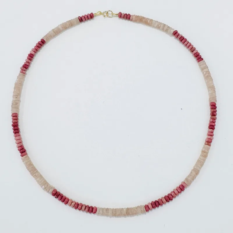 solid peach moonstone and rhodochrosite heishi necklace made by Theodosia