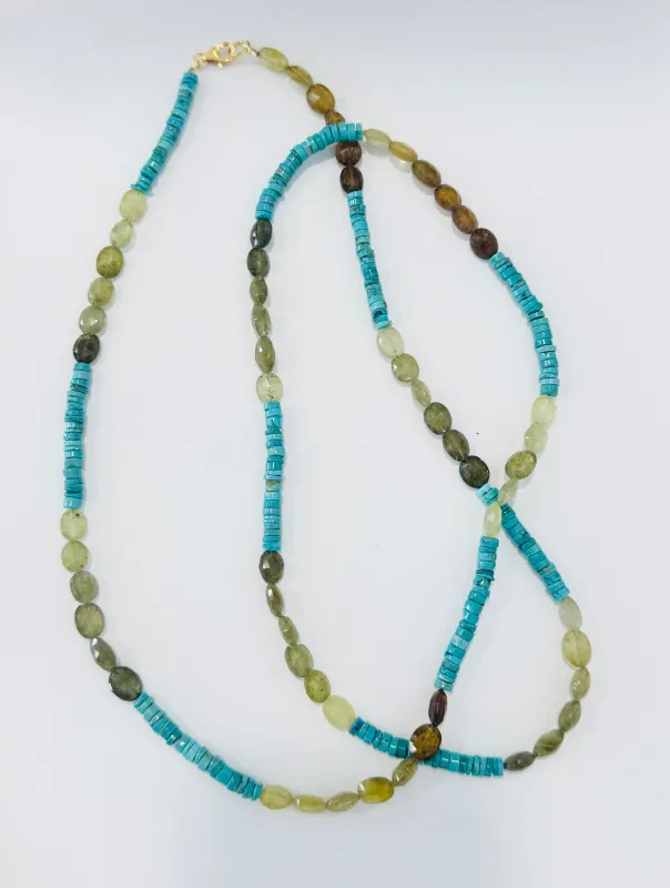 Grossular garnet and turquoise layering necklace made by Theodosia