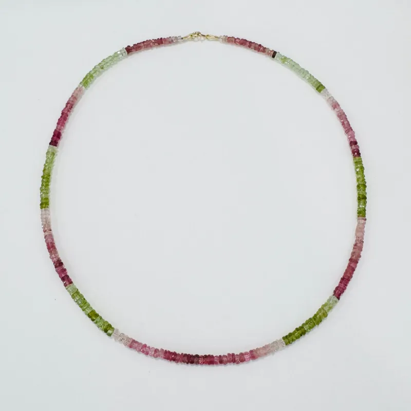 watermelon tourmaline heishi necklace made by Theodosia
