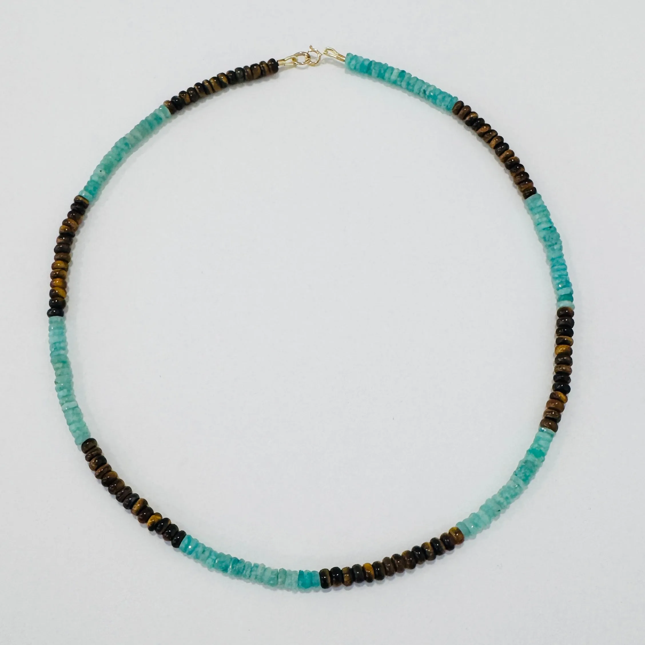 Amazonite and tigers eye color block necklace sold by Theodosia