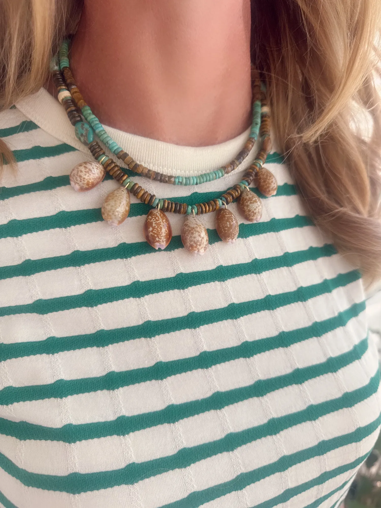 cowrie shell collar, turquoise and tigers eye sold by Theodosia