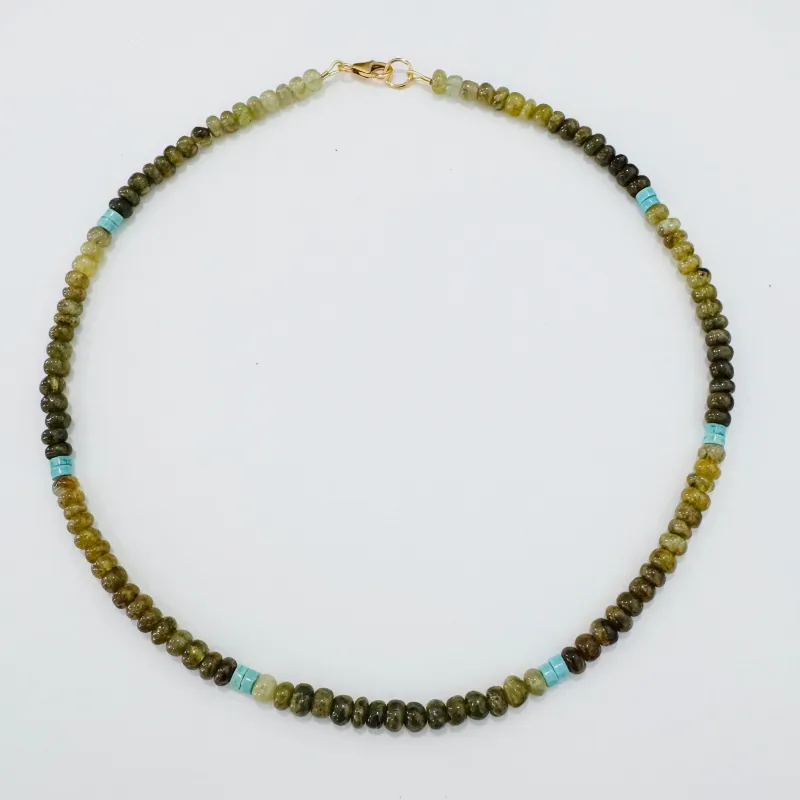 grossular garnet and turquoise necklace made by Theodosia