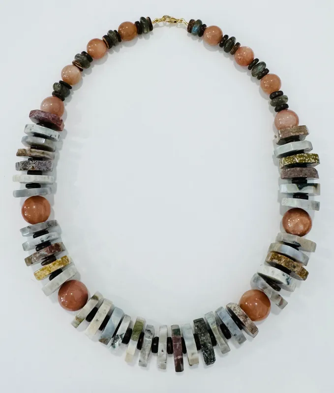 agate and peach moonstone statement necklace made by Theodosia