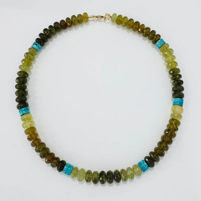 grossular garnet and turquoise necklace, faceted made by Theodosia