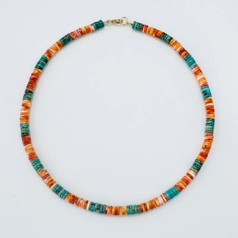 turquoise and spiny oyster heishi necklace made by Theodosia
