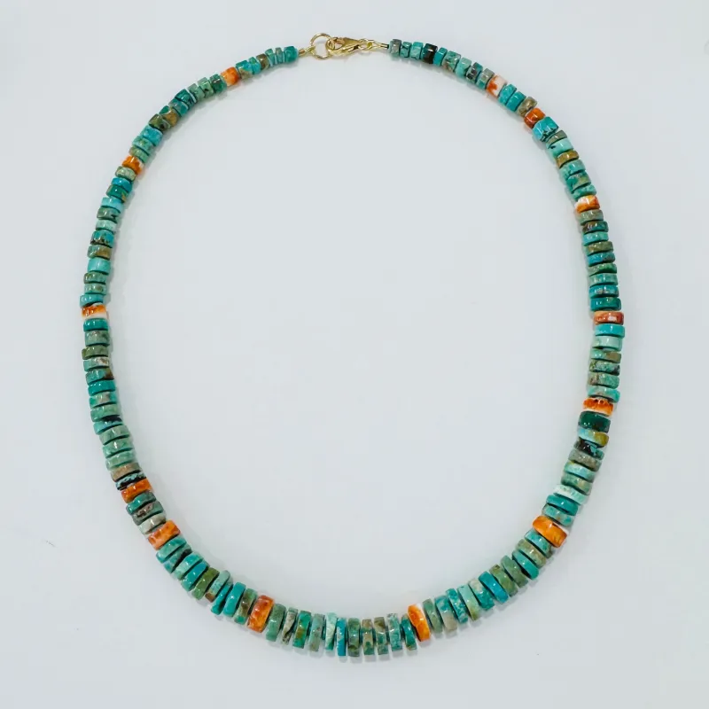turquoise and spiny oyster graduated necklace made by Theodosia