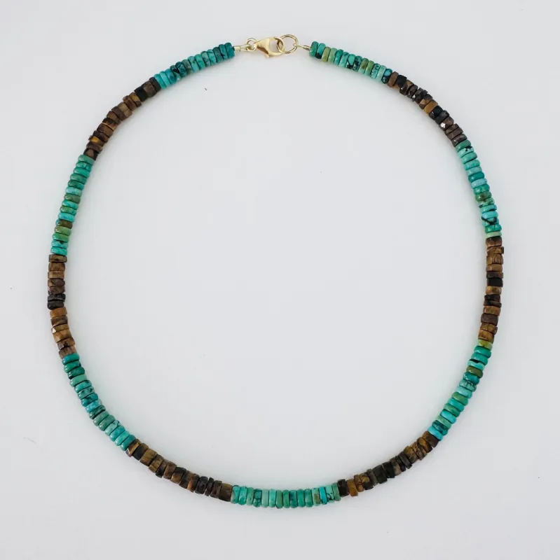 turquoise and tigers eye color block necklace made by Theodosia