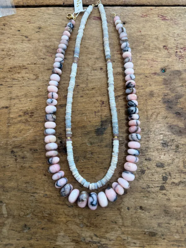 heishi cut Australian opal necklace with four stations of moonstone and gold beads made by Theodosia
