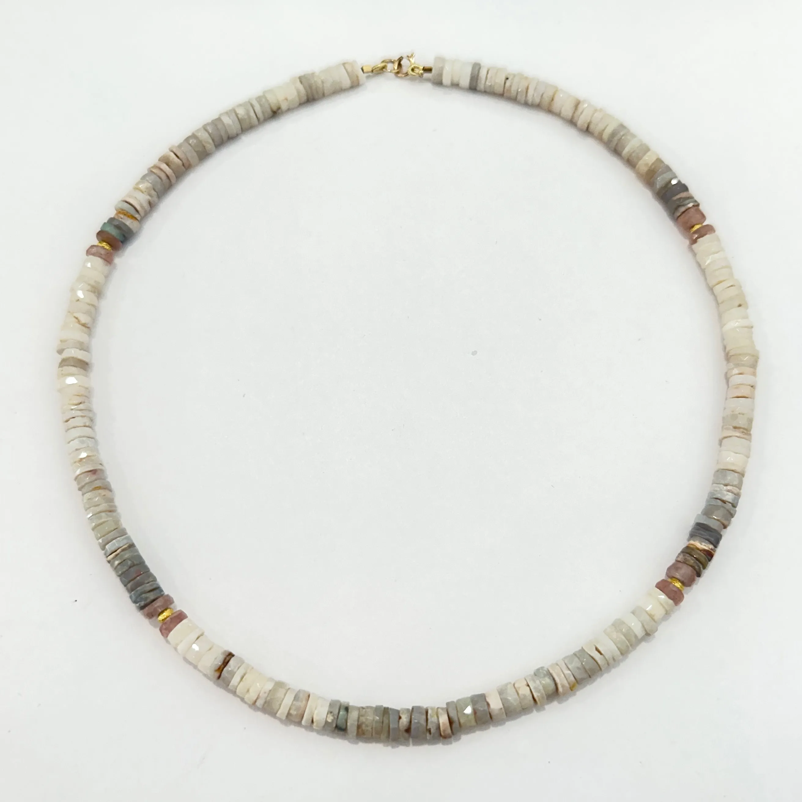 shaded opal and peach moonstone with 14kt gold beads sold by Theodosia