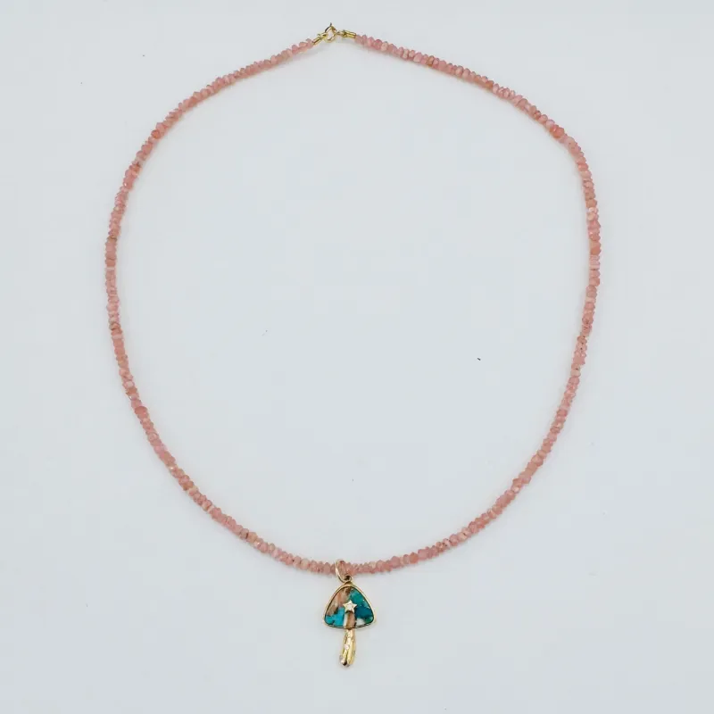 Rhodochrosite necklace with mushroom made by Theodosia