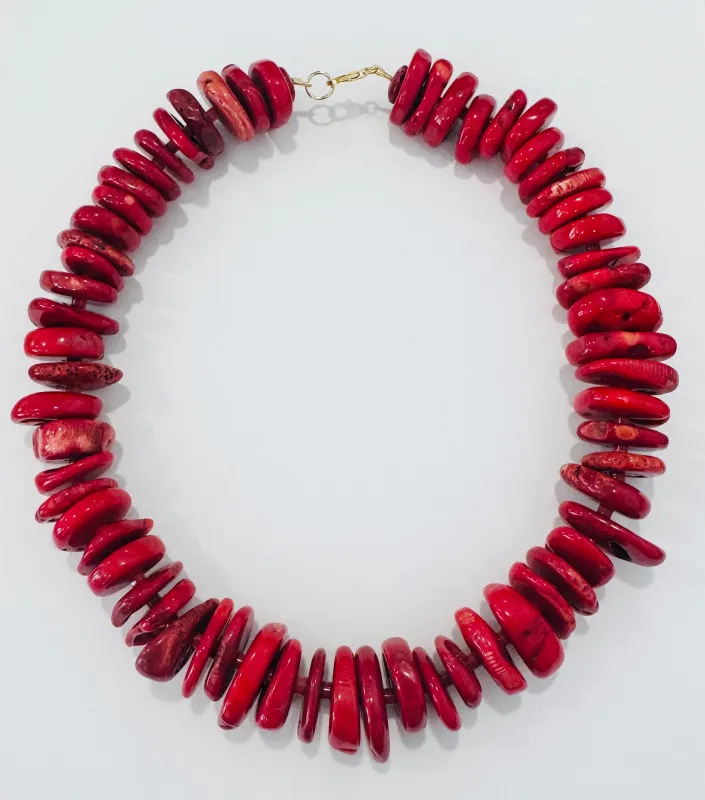red bamboo coral statement collar made by Theodosia
