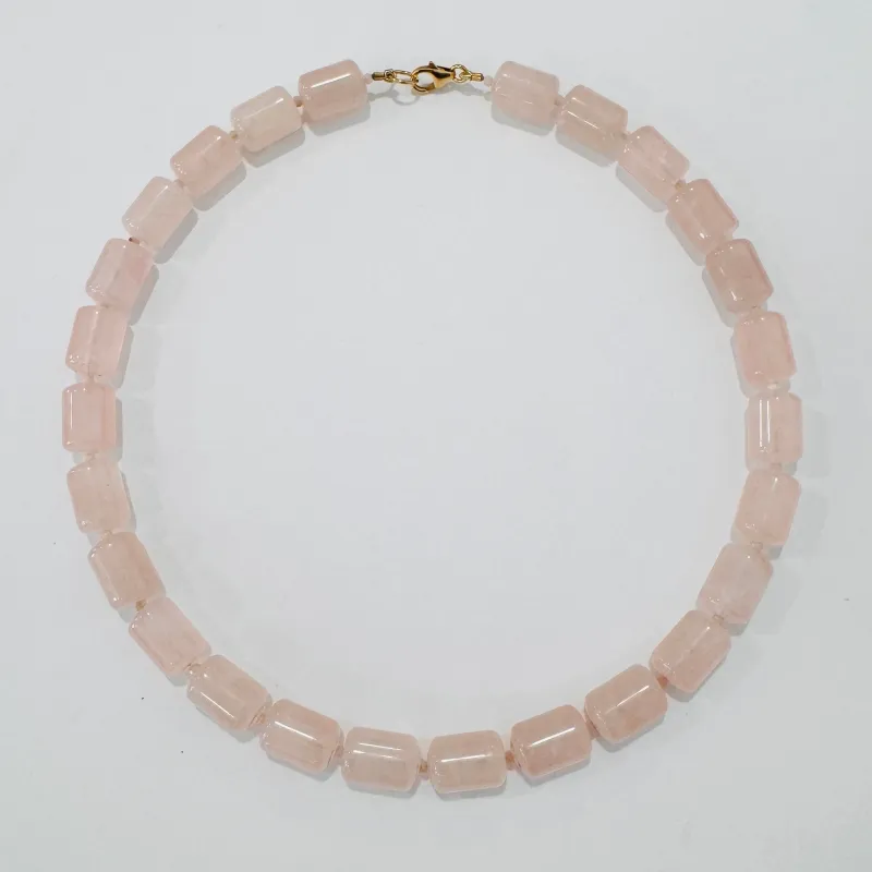 rose quartz tube necklace made by Theodosia