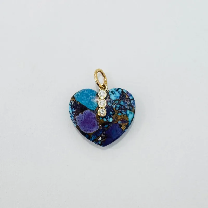 puffy oyster turquoise heart pendant with bezel diamonds made by Theodosia