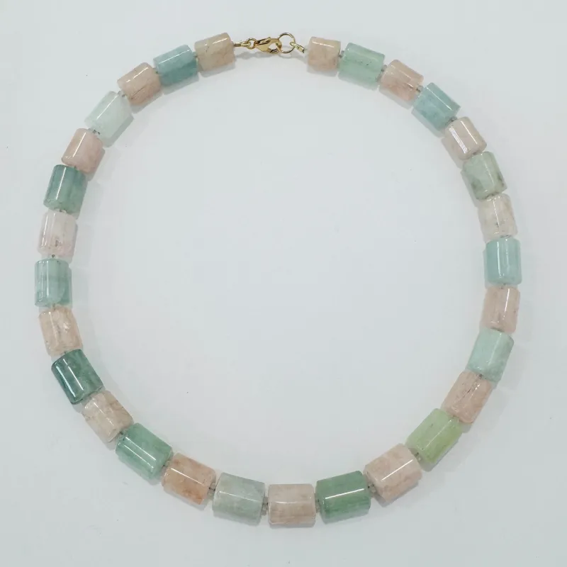 morganite and aquamarine tube necklace made by Theodosia