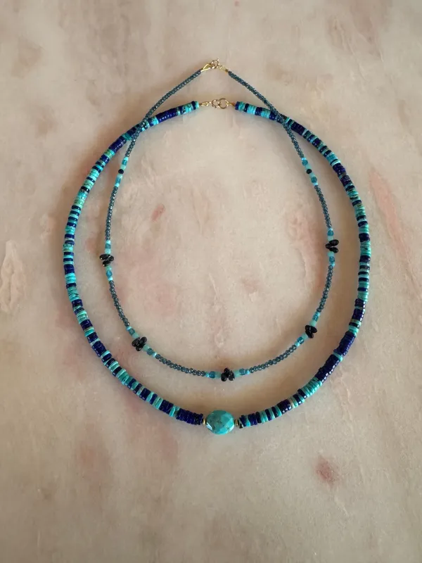 turquoise and lapis heishi necklace with center focal made by Theodosia