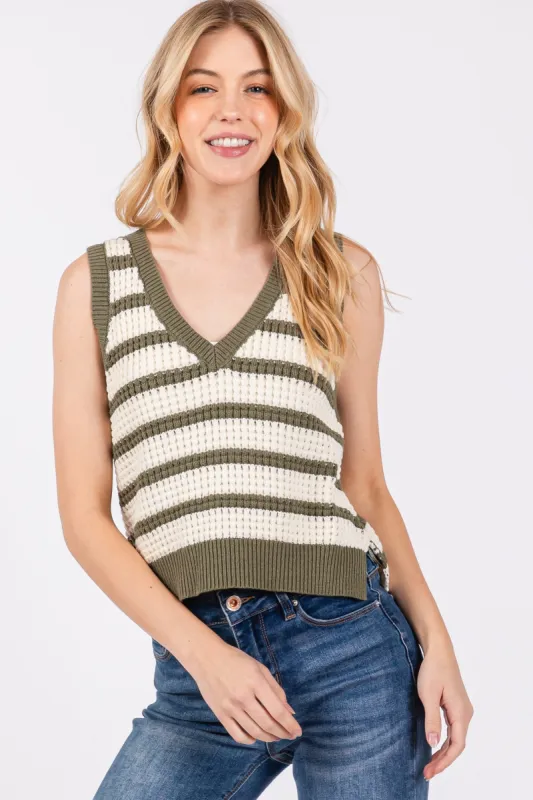 The Zaine Olive Striped Sweater Vest sold by Thread & Seed