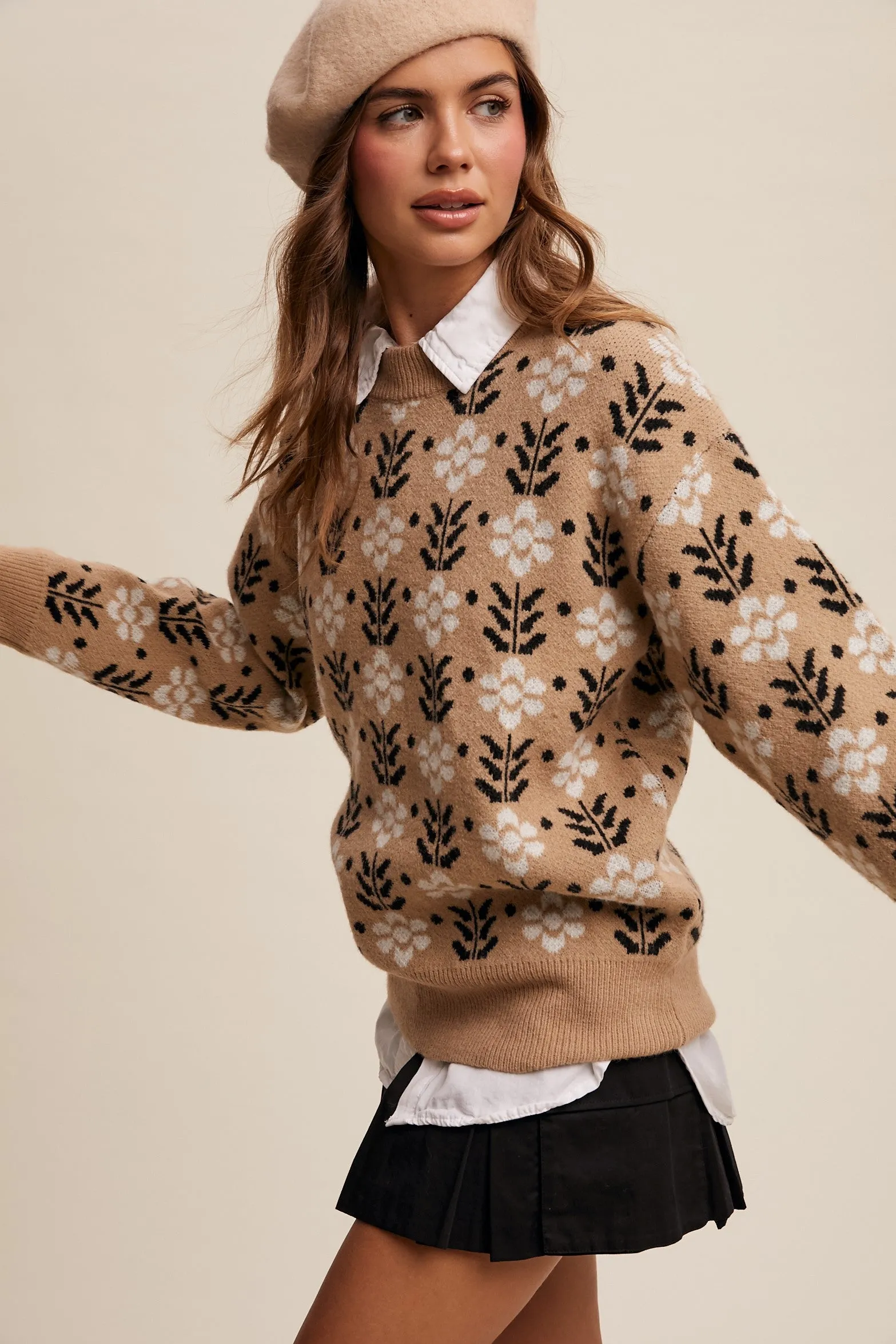 The Brinley Taupe Flower Pattern Knit Sweater sold by Thread & Seed product image thumbnail 2