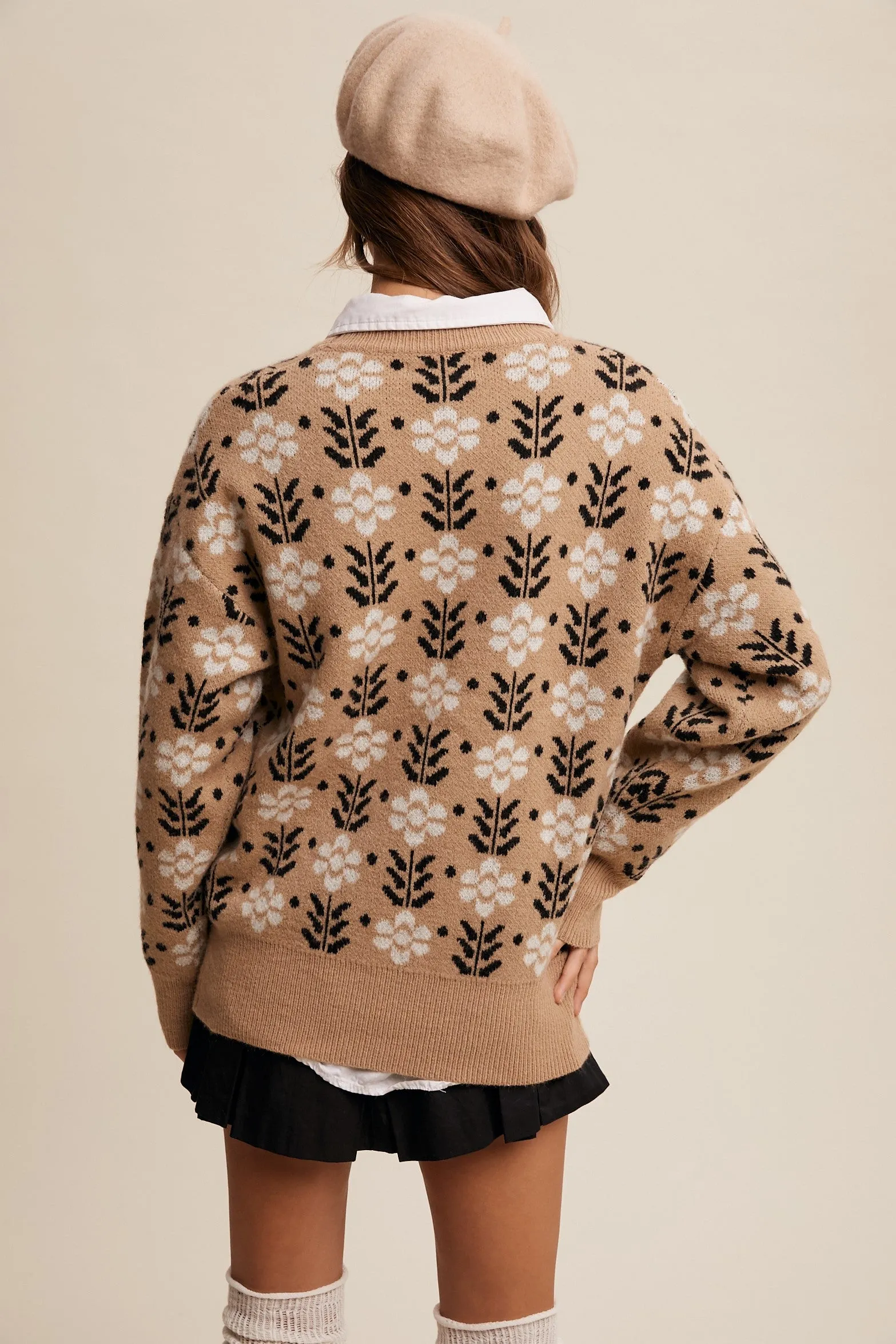The Brinley Taupe Flower Pattern Knit Sweater sold by Thread & Seed product image thumbnail 3