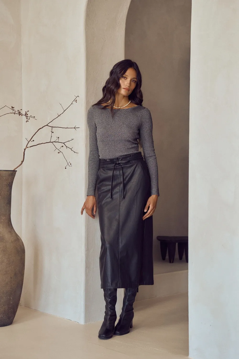 The Aquila Vegan Leather Tie Skirt sold by Thread & Seed