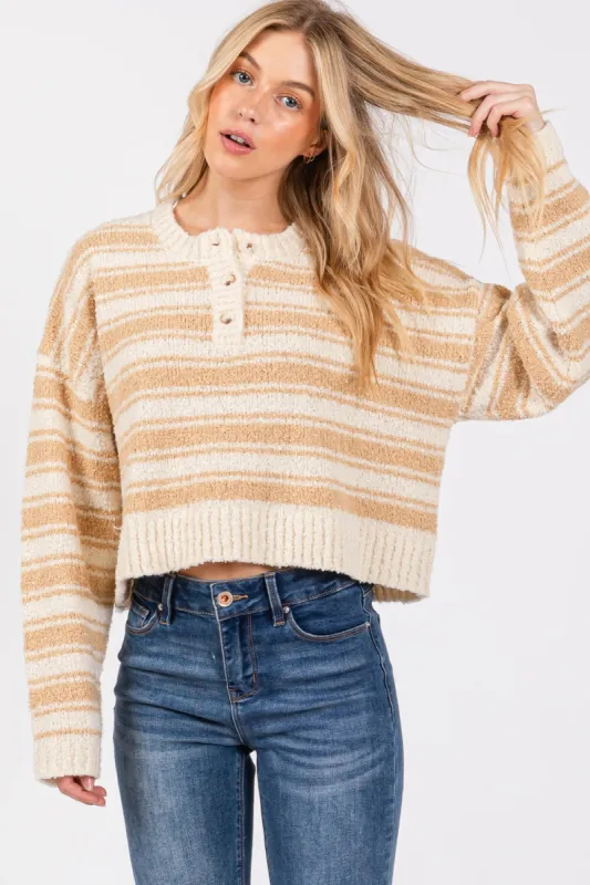 The Stacia Taupe Striped Fuzzy Sweater sold by Thread & Seed