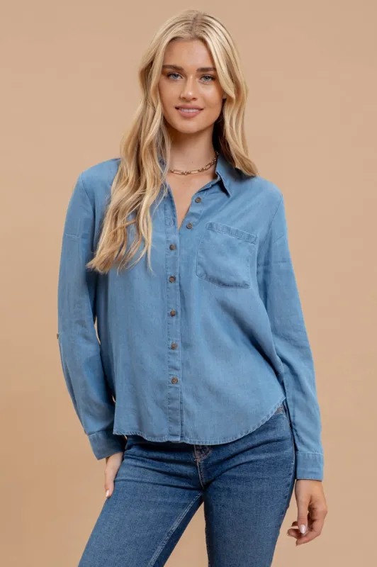 The Stella Chambray Buttondown Top sold by Thread & Seed