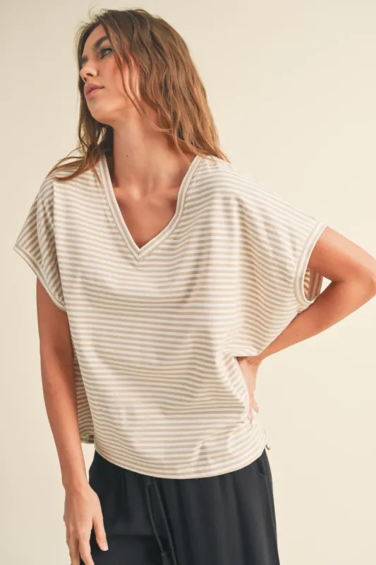 The Nico Striped Beige V-Neck Top sold by Thread & Seed