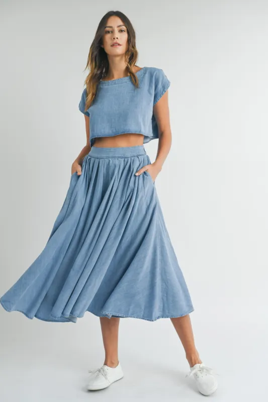 The Santorini Denim Crop Top + Midi Skirt Set - Sold Separately sold by Thread & Seed