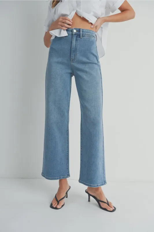 The Hailey Medium Denim Wide Leg Jeans sold by Thread & Seed