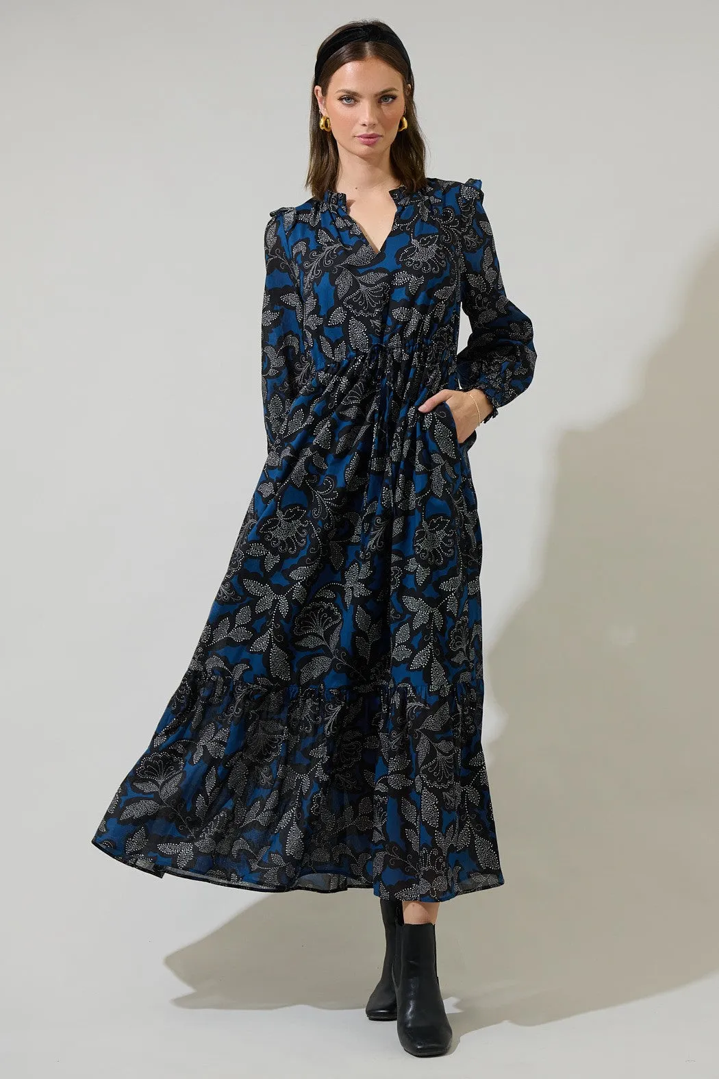 The Livia Floral Ruffle Midi Dress sold by Thread & Seed