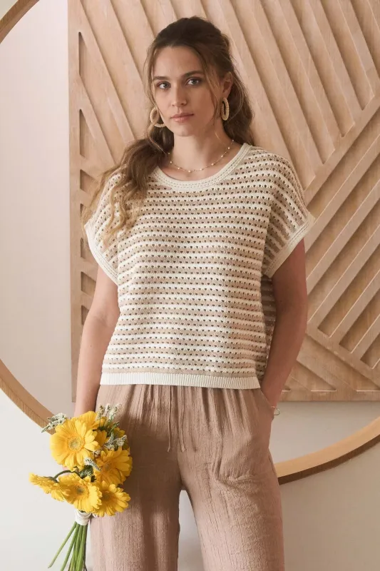 The Randie Khaki Stripe Crochet Sweater sold by Thread & Seed