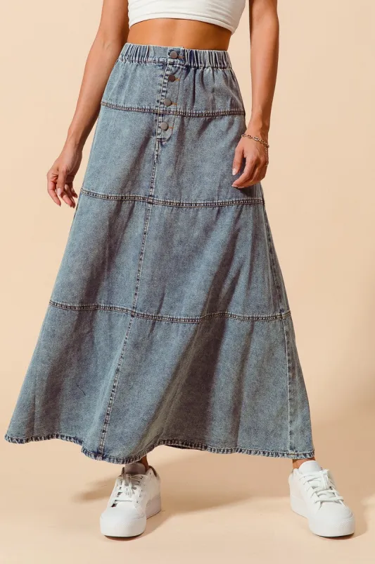 The Gillian Denim Maxi Skirt sold by Thread & Seed