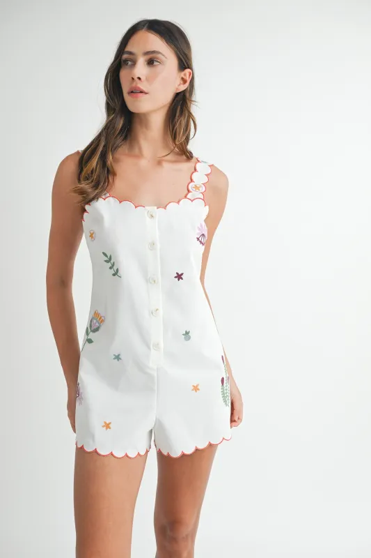 The Juniper Off White Embroidered Romper sold by Thread & Seed