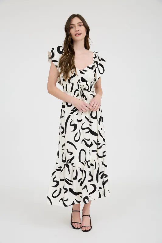 The Lydia Ivory Abstract Flutter Sleeve Dress sold by Thread & Seed