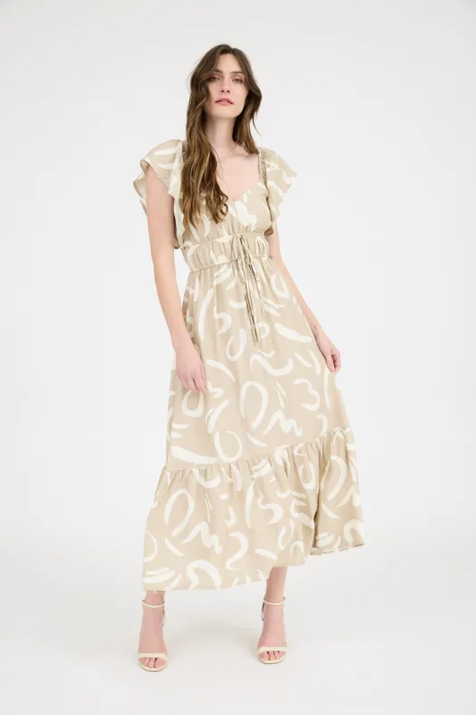 The Lydia Khaki Abstract Flutter Sleeve Dress sold by Thread & Seed