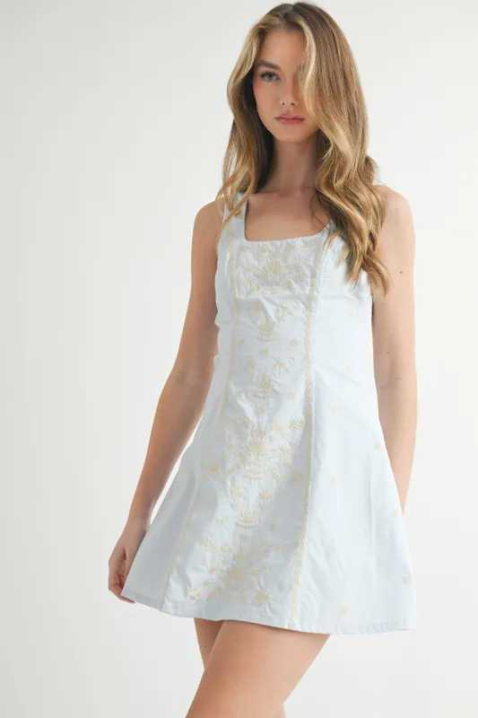 The Miley Blue Embroidered Mini Dress sold by Thread & Seed